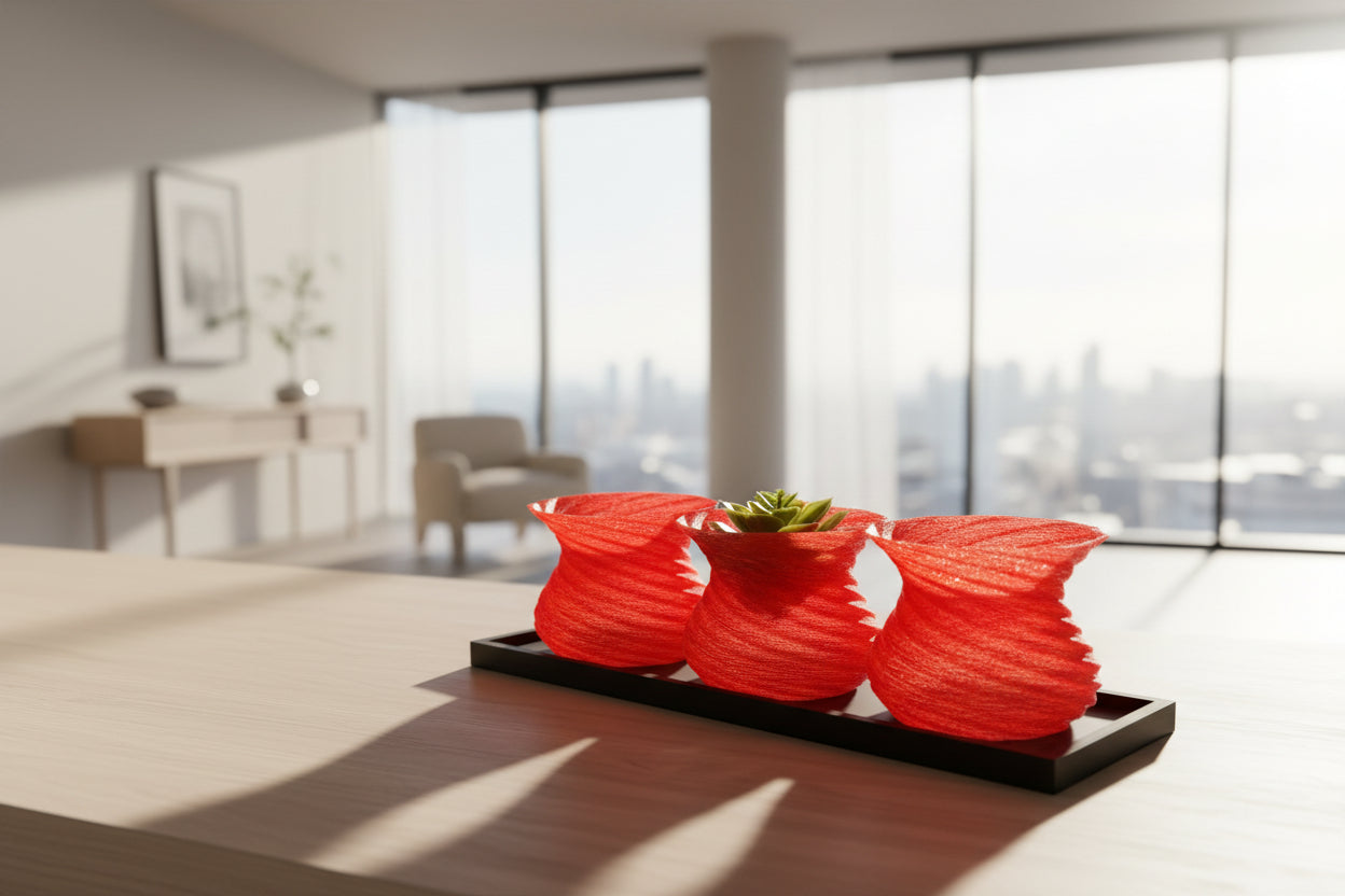 Sunset Bloom Planter Set - 3D Printed Spiral Planters with Black Tray (Set of 3)