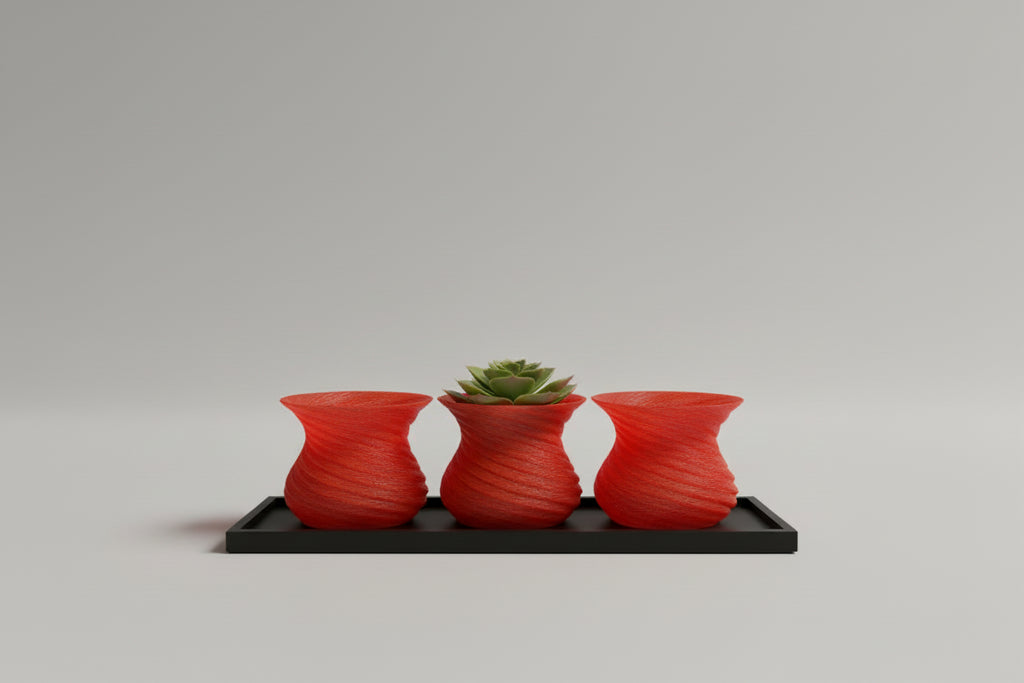Sunset Bloom Planter Set - 3D Printed Spiral Planters with Black Tray (Set of 3)