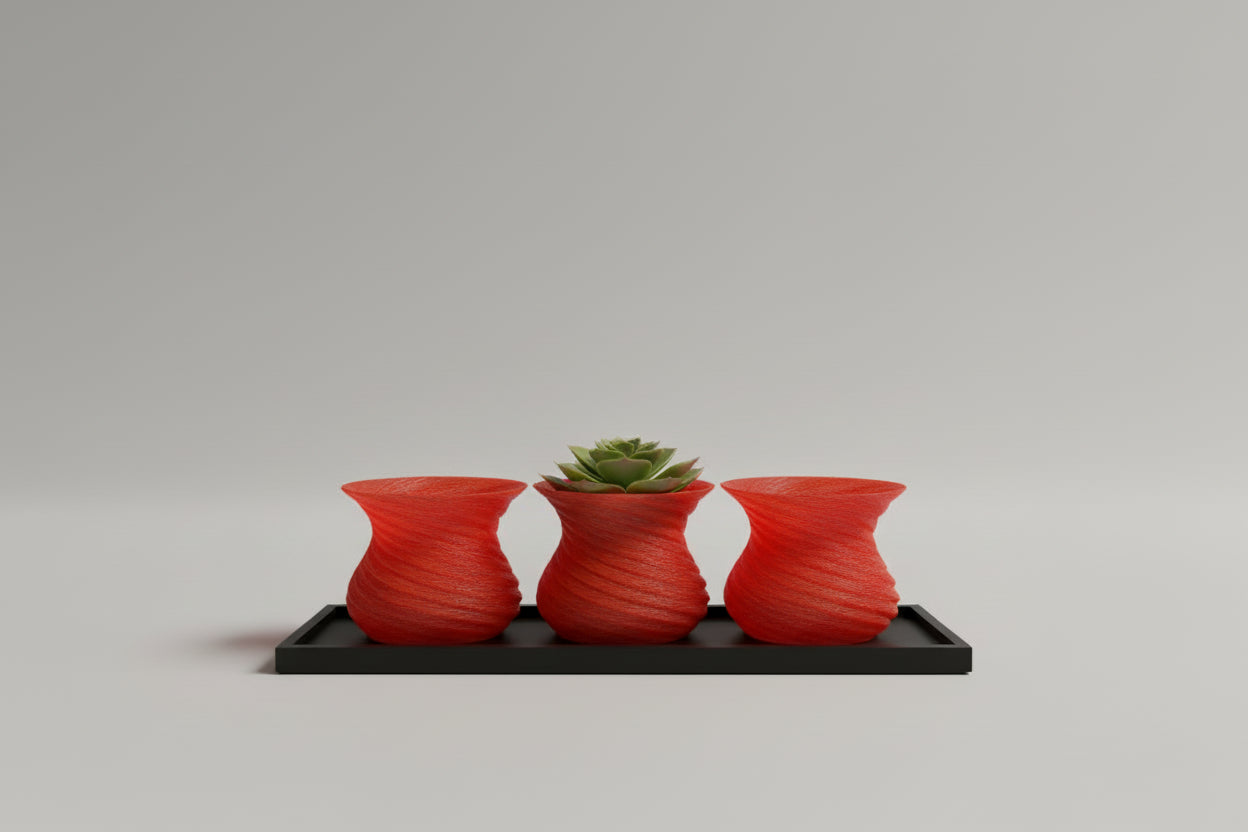Sunset Bloom Planter Set - 3D Printed Spiral Planters with Black Tray (Set of 3)