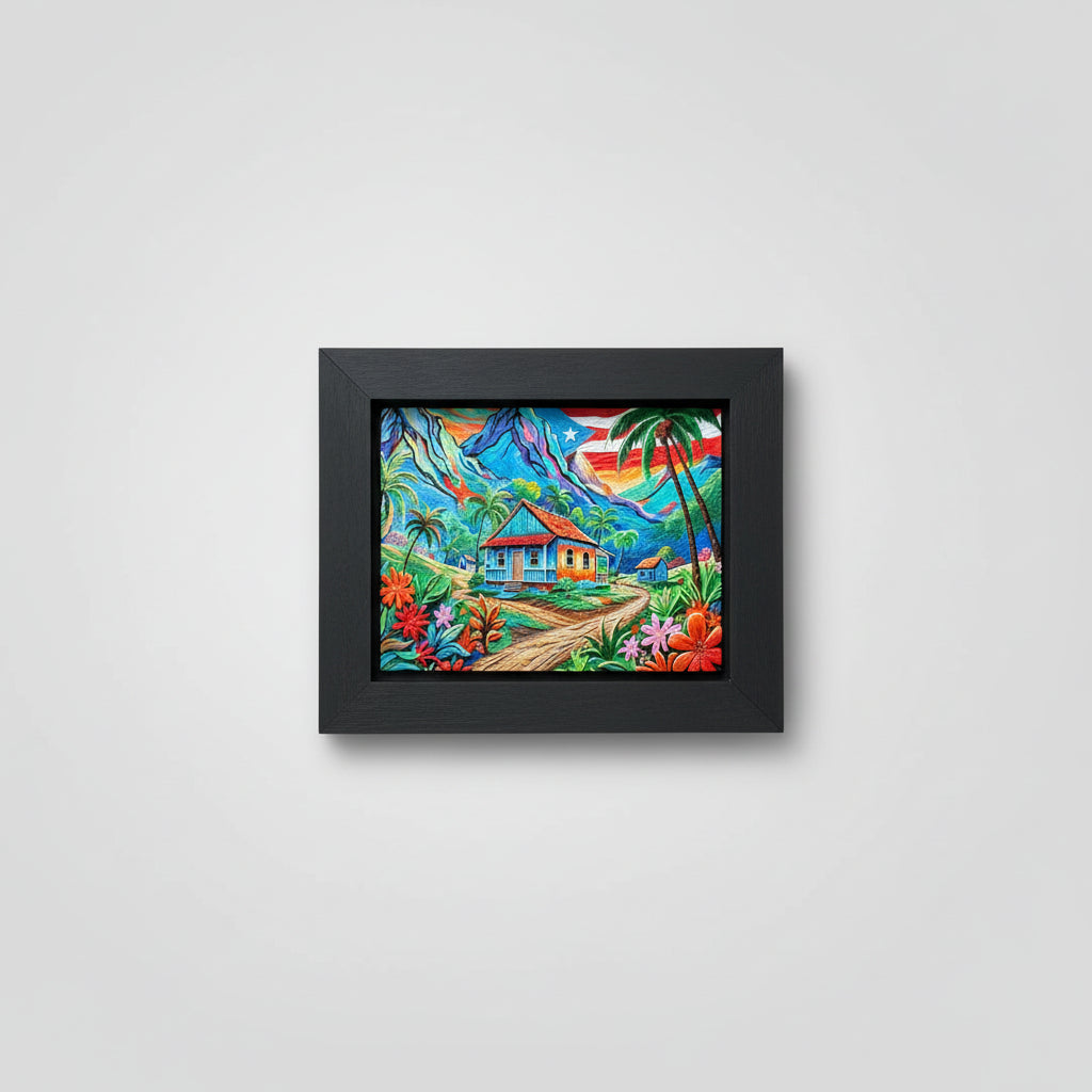 Puerto Rico Mountain Scene - 3D Relief Acrylic Art with Black Frame (15x12.5")